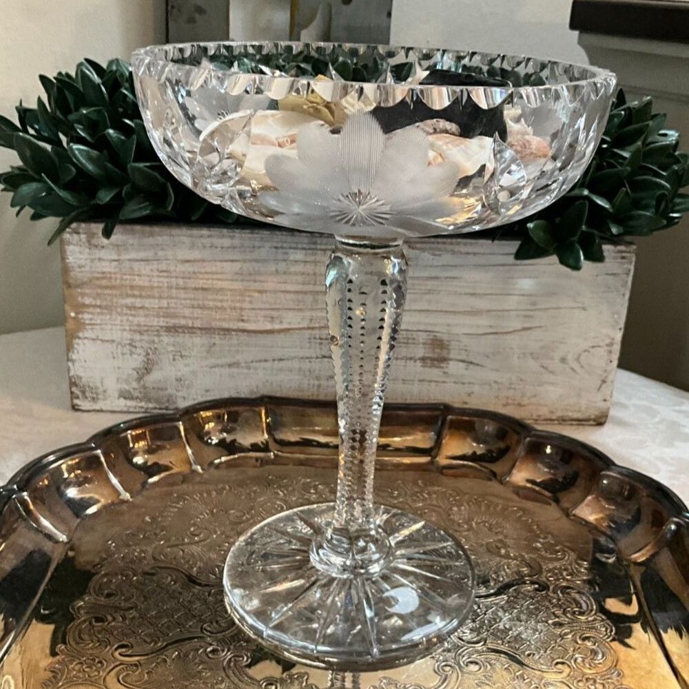 Vintage American Brilliant Cut Crystal Pedestal Compote dish Taza dish